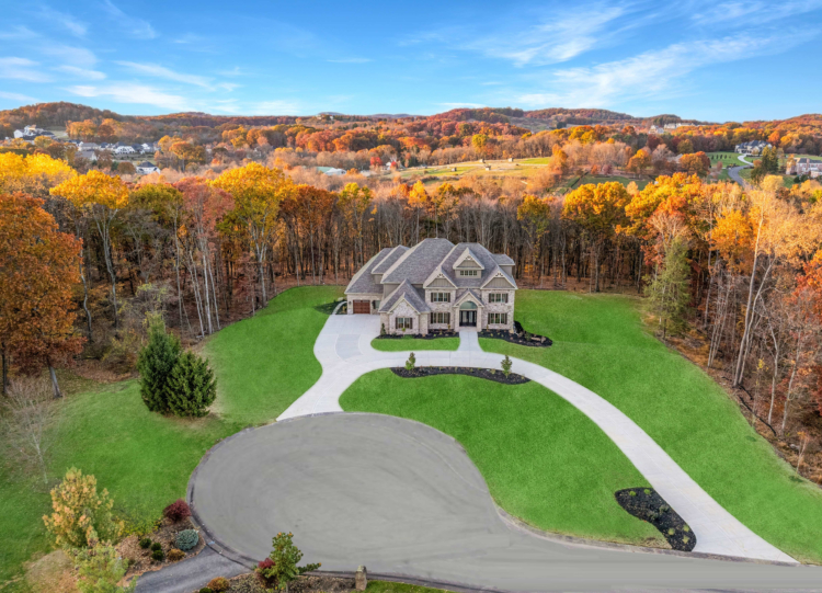aerial view of a luxury new home in PA at the new home community Copper Creek by Eddy Homes